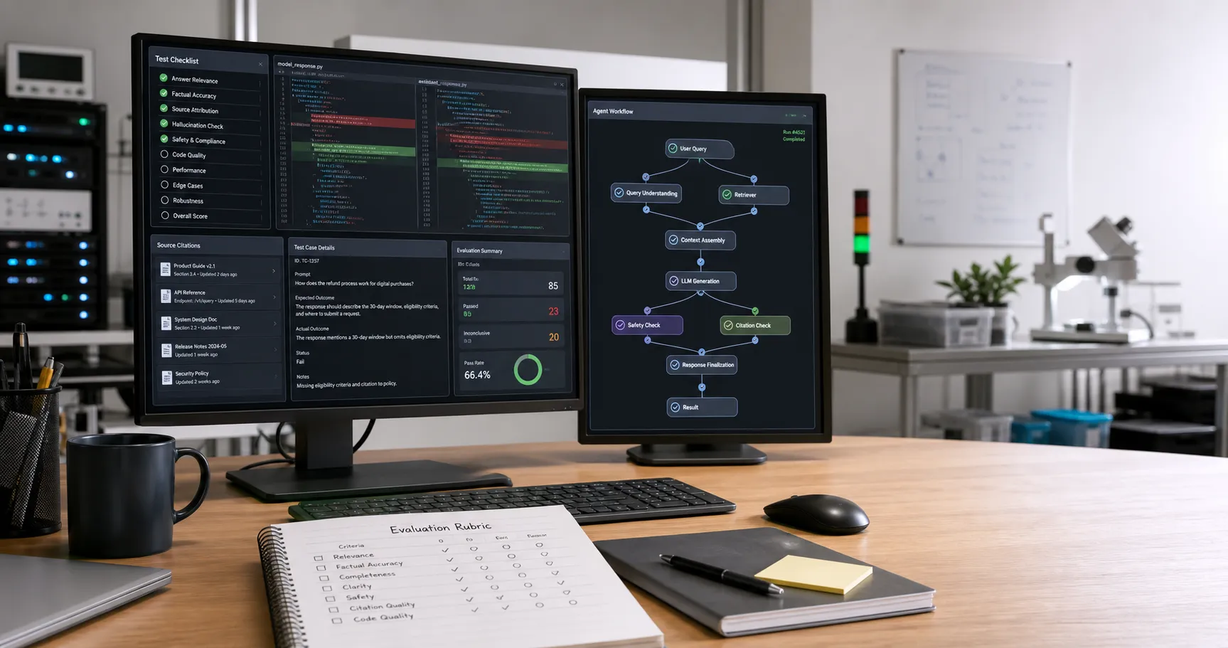 AI verification lab workspace with code review, source citation, and workflow evaluation screens